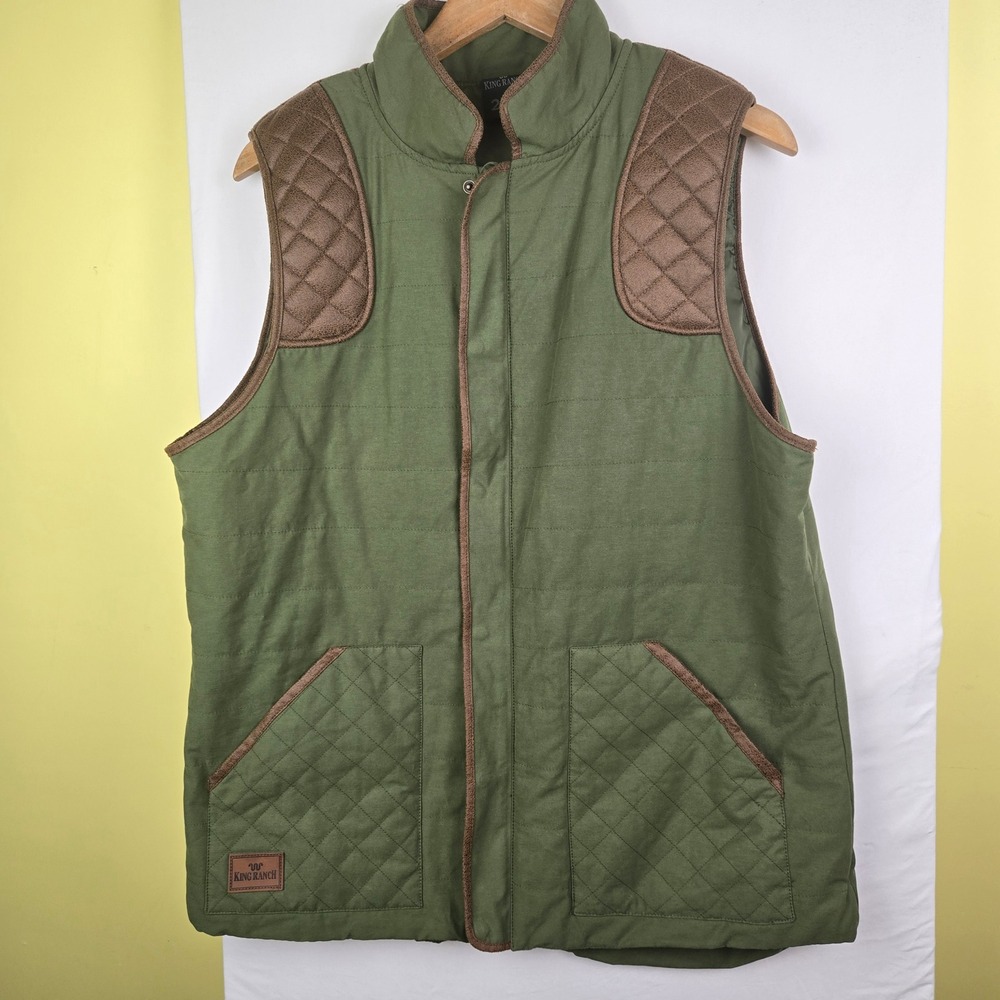 King Ranch Mens 2XL Olive Green Quilted patch Vest Western Faux Leather Trim